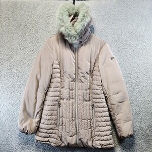 1 Madison Luxe Outerwear Puffer Jacket Hooded Faux Fur Hood Trim Womens Small